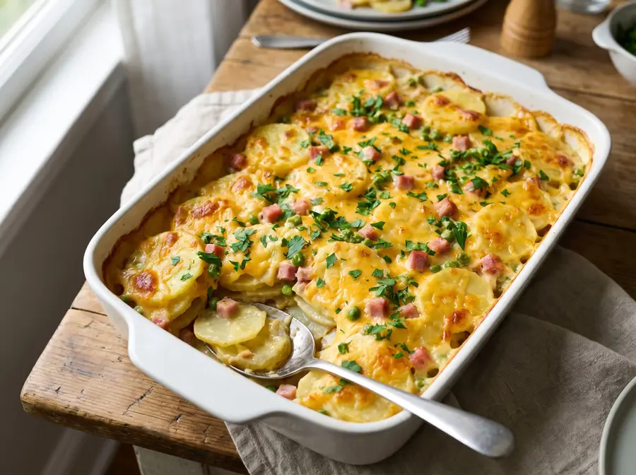Photo of Cheesy Scalloped Potatoes with Ham and Peas